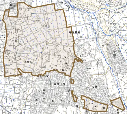 大字寿豊丘とその周辺の地図。町の範囲を重ねている