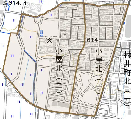 小屋北とその周辺の地図。町の範囲を重ねている