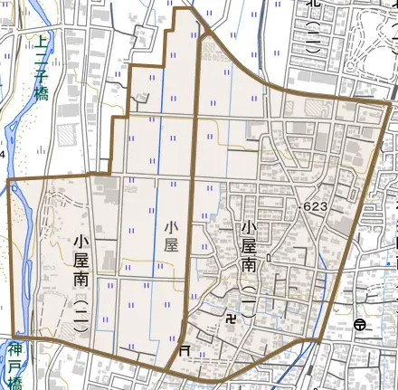 小屋南とその周辺の地図。町の範囲を重ねている