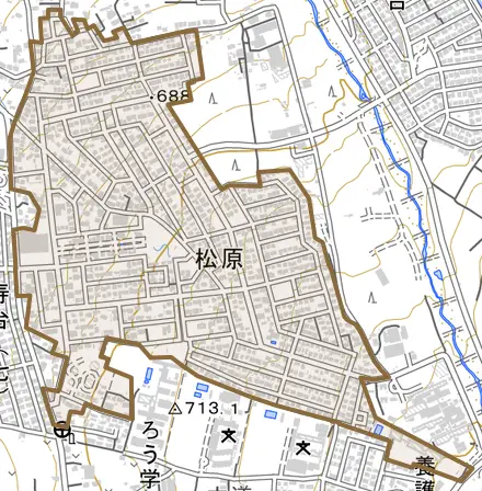 大字松原とその周辺の地図。町の範囲を重ねている