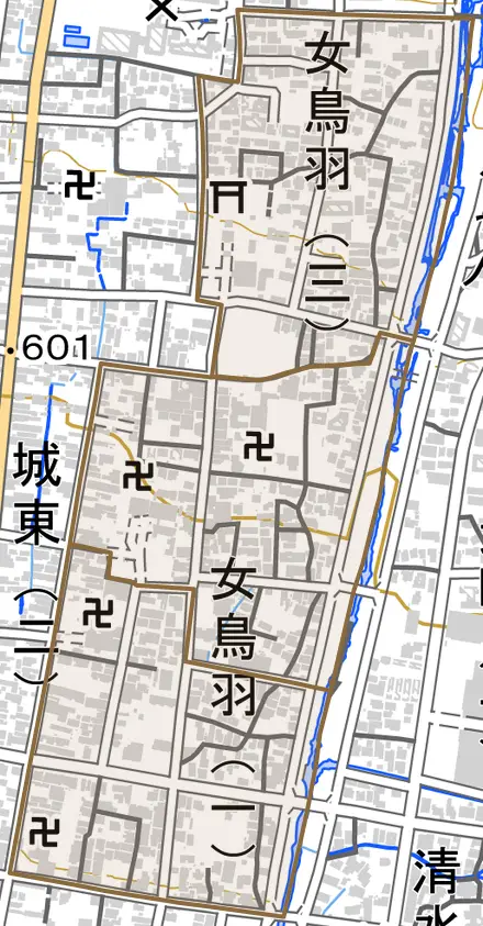 女鳥羽とその周辺の地図。町の範囲を重ねている