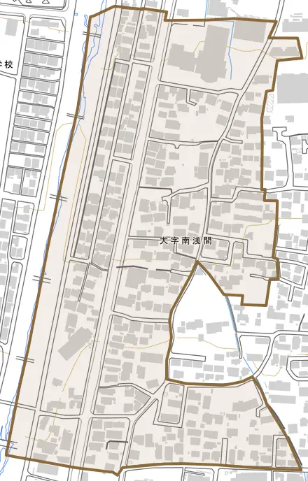 大字南浅間とその周辺の地図。町の範囲を重ねている