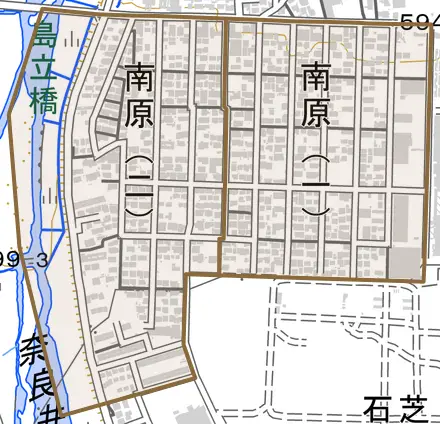 南原とその周辺の地図。町の範囲を重ねている