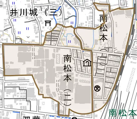 南松本とその周辺の地図。町の範囲を重ねている