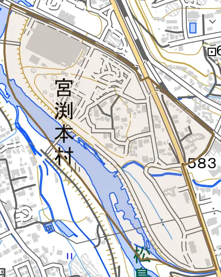 宮渕本村とその周辺の地図。町の範囲を重ねている