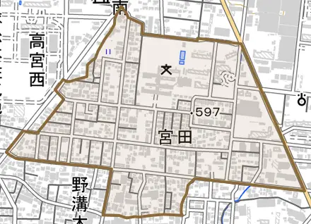 宮田とその周辺の地図。町の範囲を重ねている