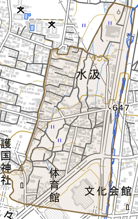 大字水汲とその周辺の地図。町の範囲を重ねている