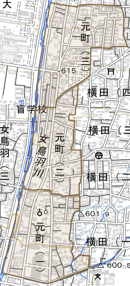 元町とその周辺の地図。町の範囲を重ねている