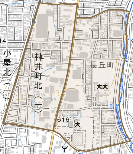 村井町北とその周辺の地図。町の範囲を重ねている