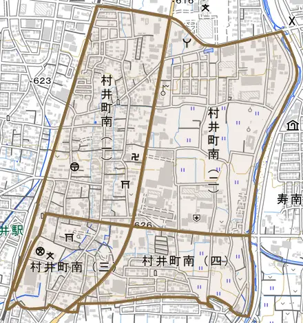 村井町南とその周辺の地図。町の範囲を重ねている