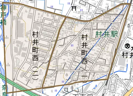 村井町西とその周辺の地図。町の範囲を重ねている