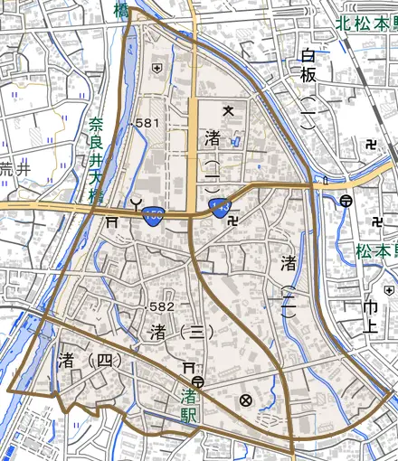 渚とその周辺の地図。町の範囲を重ねている
