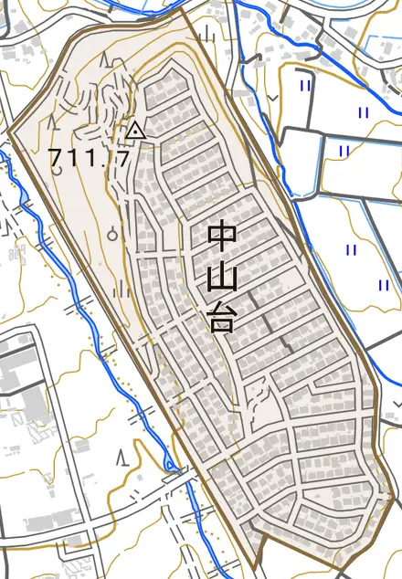 中山台とその周辺の地図。町の範囲を重ねている