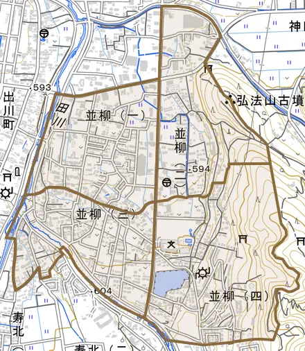 並柳とその周辺の地図。町の範囲を重ねている