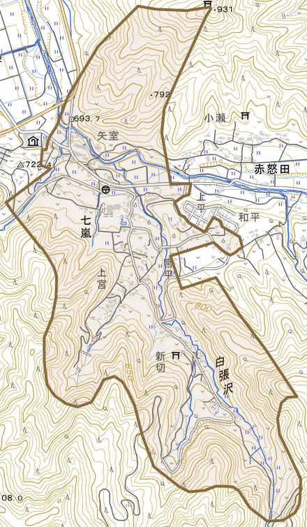 七嵐とその周辺の地図。町の範囲を重ねている