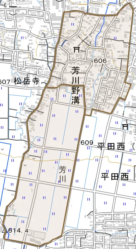 野溝東とその周辺の地図。町の範囲を重ねている