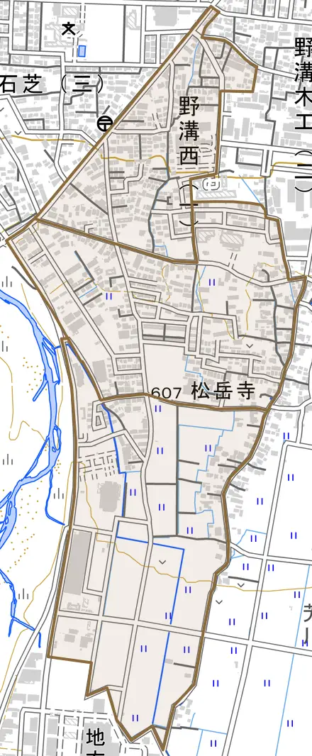 野溝西とその周辺の地図。町の範囲を重ねている