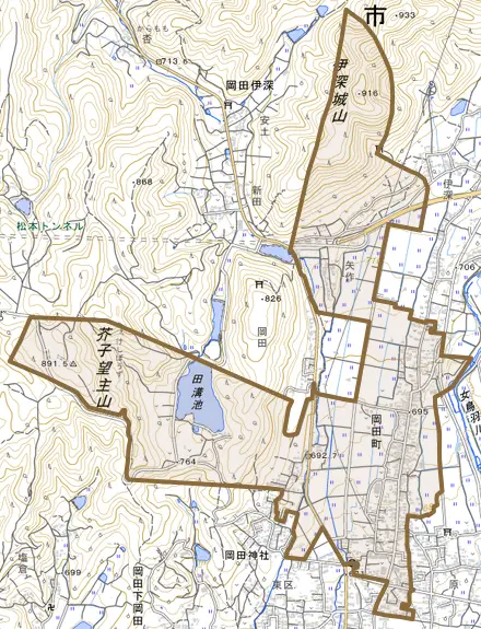大字岡田町とその周辺の地図。町の範囲を重ねている
