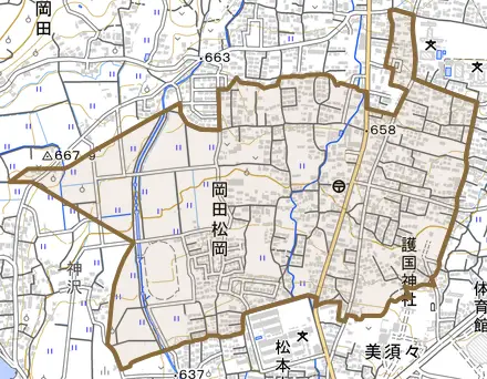 大字岡田松岡とその周辺の地図。町の範囲を重ねている