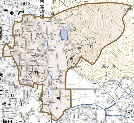大字大村とその周辺の地図。町の範囲を重ねている