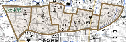 大手とその周辺の地図。町の範囲を重ねている
