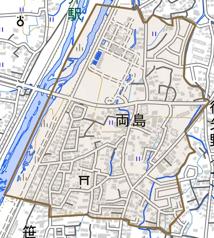 両島とその周辺の地図。町の範囲を重ねている