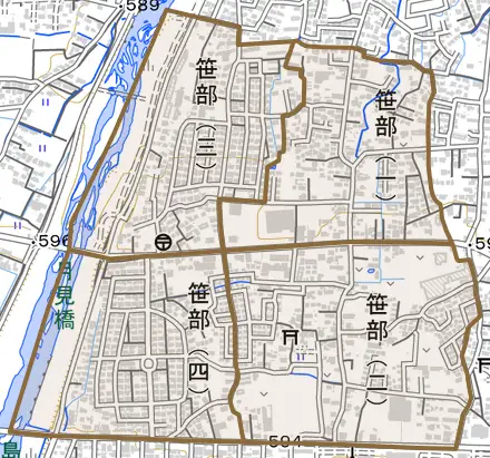 笹部とその周辺の地図。町の範囲を重ねている
