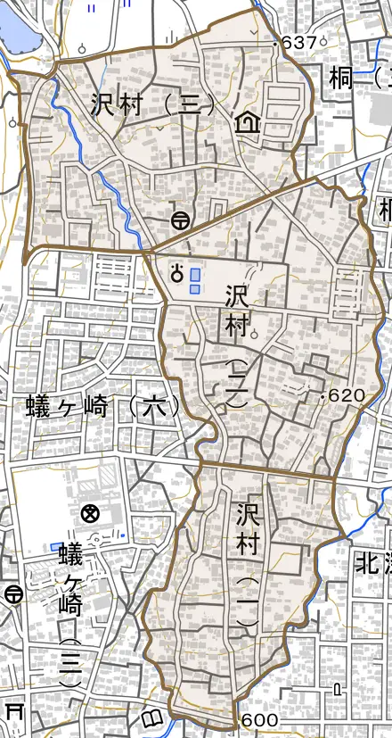 沢村とその周辺の地図。町の範囲を重ねている