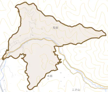 大字稲倉とその周辺の地図。町の範囲を重ねている