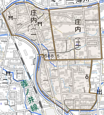 庄内とその周辺の地図。町の範囲を重ねている
