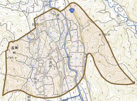反町とその周辺の地図。町の範囲を重ねている