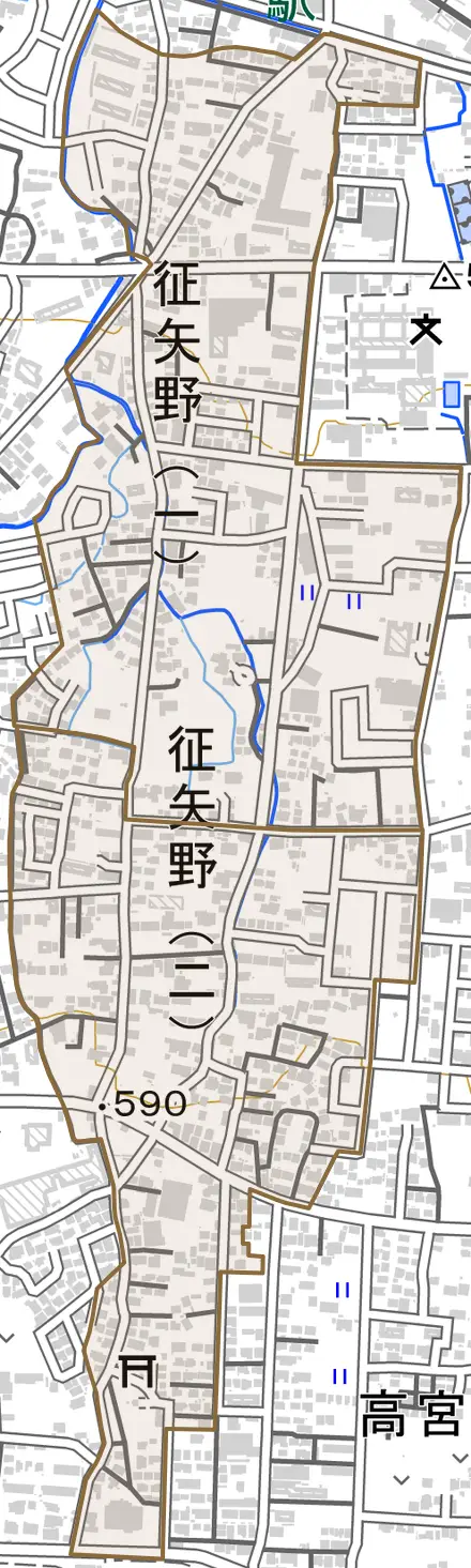 征矢野とその周辺の地図。町の範囲を重ねている