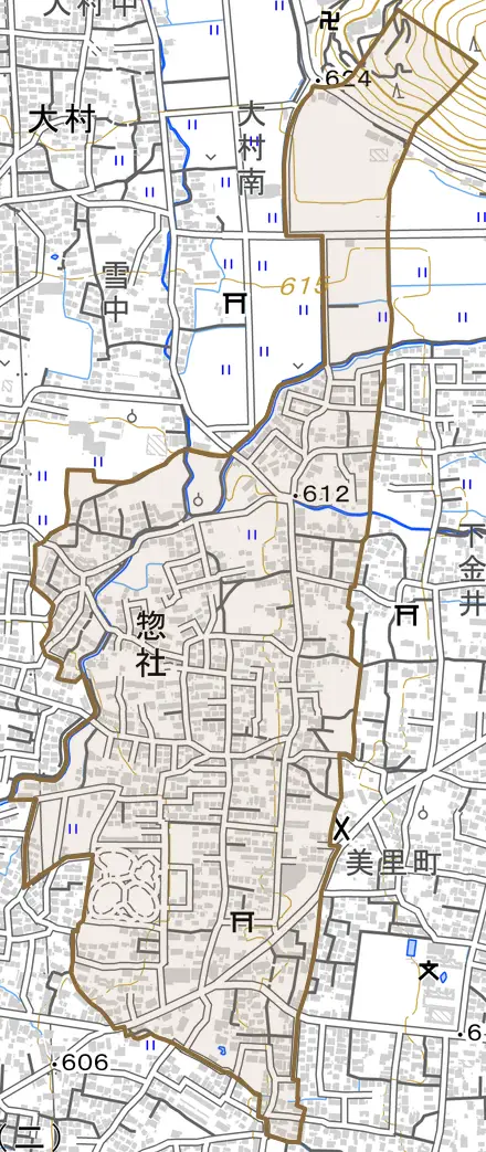 大字惣社とその周辺の地図。町の範囲を重ねている