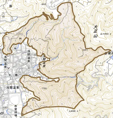 大字浅間温泉とその周辺の地図。町の範囲を重ねている
