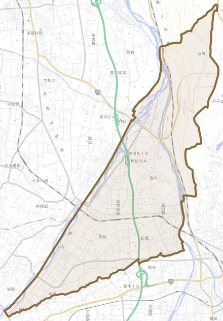 大字島内とその周辺の地図。町の範囲を重ねている