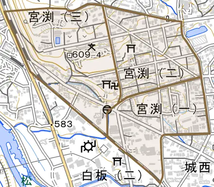 宮渕とその周辺の地図。町の範囲を重ねている