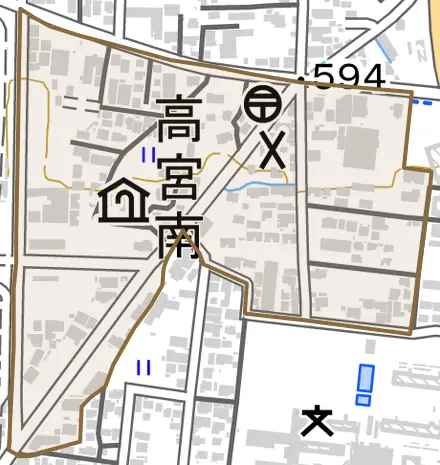 高宮南とその周辺の地図。町の範囲を重ねている