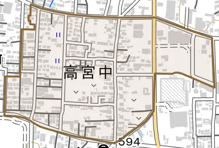 高宮中とその周辺の地図。町の範囲を重ねている