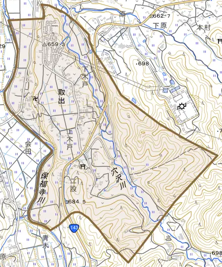 取出とその周辺の地図。町の範囲を重ねている