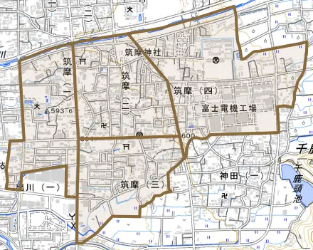 筑摩とその周辺の地図。町の範囲を重ねている