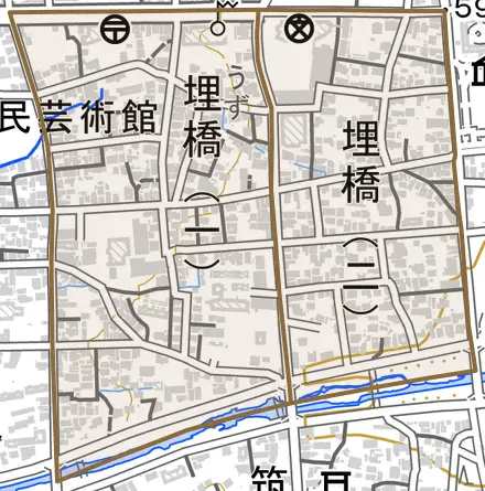 埋橋とその周辺の地図。町の範囲を重ねている