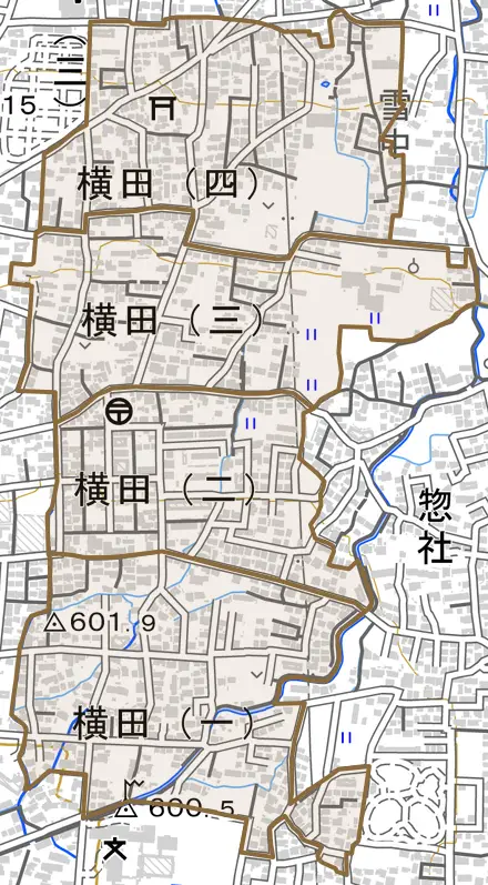 横田とその周辺の地図。町の範囲を重ねている