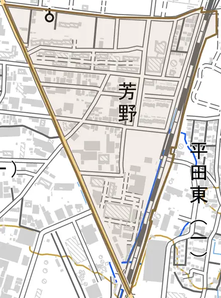 芳野とその周辺の地図。町の範囲を重ねている