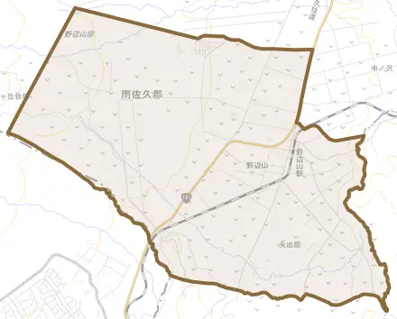 大字野辺山とその周辺の地図。町の範囲を重ねている