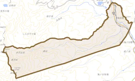 大字海尻とその周辺の地図。町の範囲を重ねている