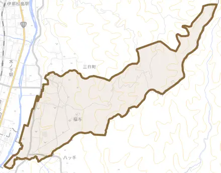 大字福与とその周辺の地図。町の範囲を重ねている