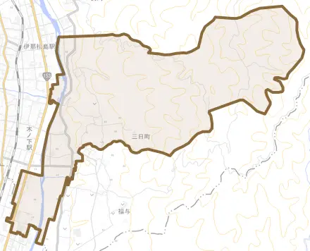 大字三日町とその周辺の地図。町の範囲を重ねている
