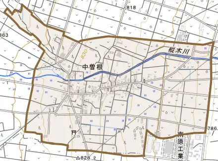 大字中曽根とその周辺の地図。町の範囲を重ねている