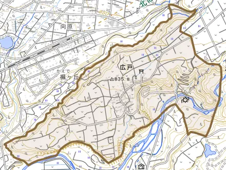 大字広戸とその周辺の地図。町の範囲を重ねている