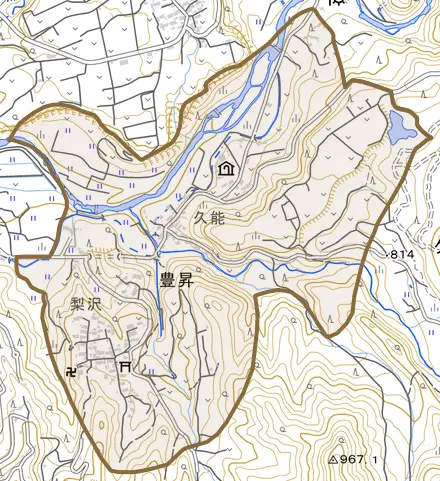 大字豊昇とその周辺の地図。町の範囲を重ねている